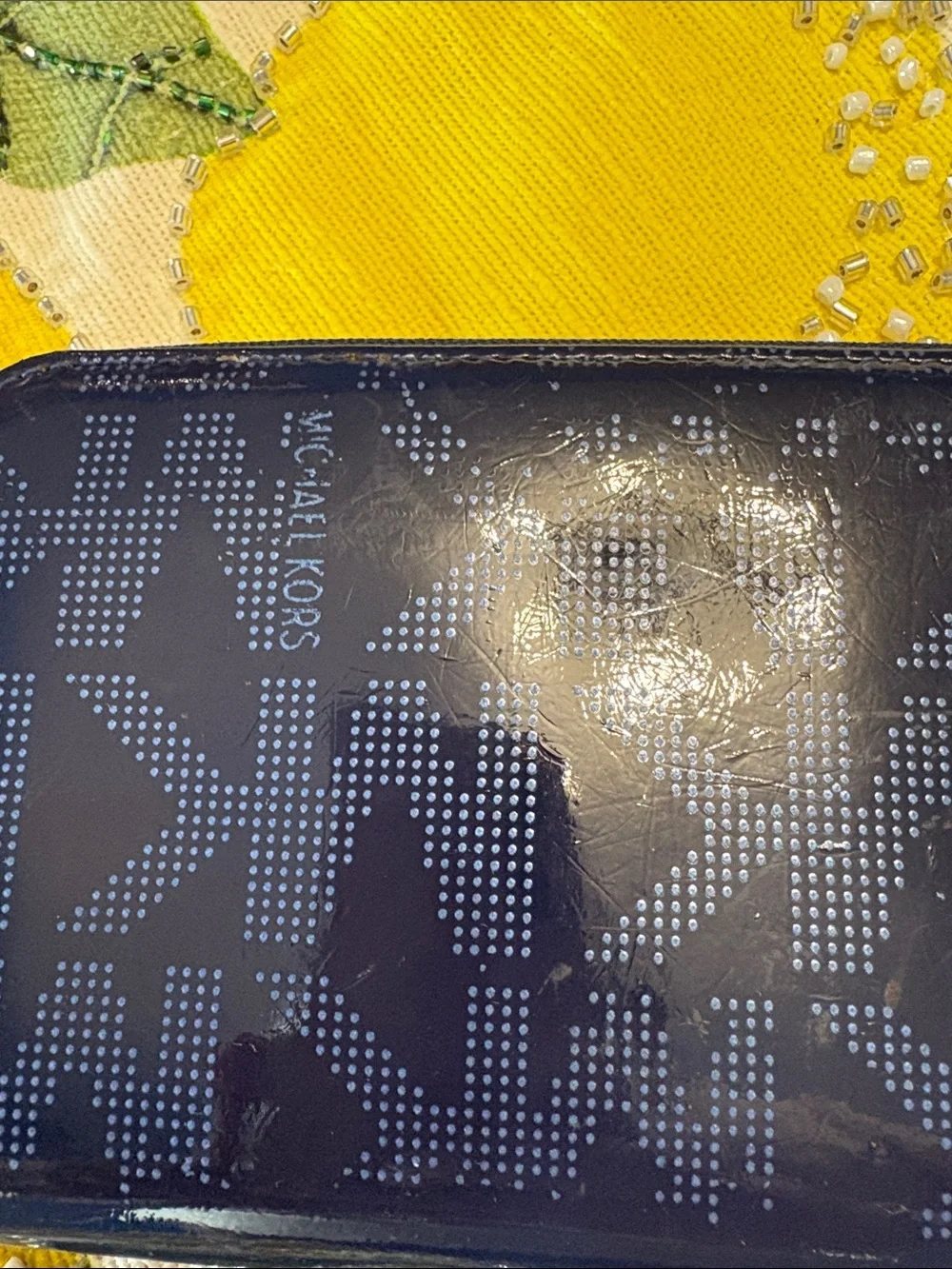 Michael Kors Navy Patent Logo Zip-Around Wallet with Gold Plaque